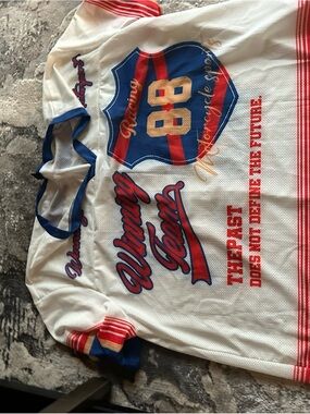 SHEIN White Mesh Jersey Top with Blue & Red Accents